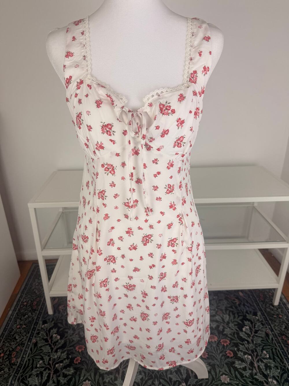 Mine Womens Floral Lace Trim Tie Front Cottagecore Ivory/Red Mini Dress Large